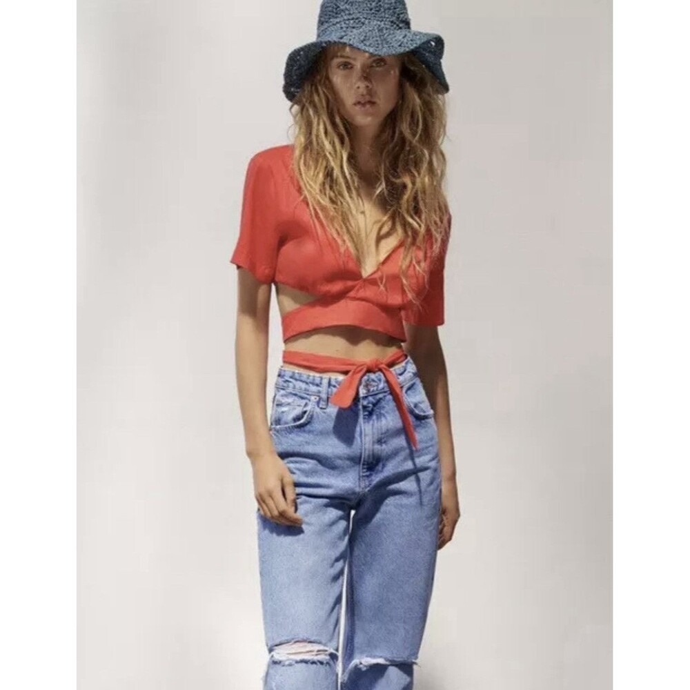 ZARA Women Size L Coral Linen Blend Cropped Top With Wrap Tie Bow Boho Beach